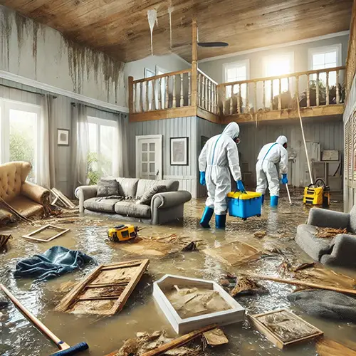 Workers cleaning up water-damaged furniture and debris from a flooded home.