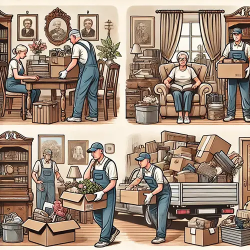 Workers carefully packing and removing items from a home during an estate cleanout.
