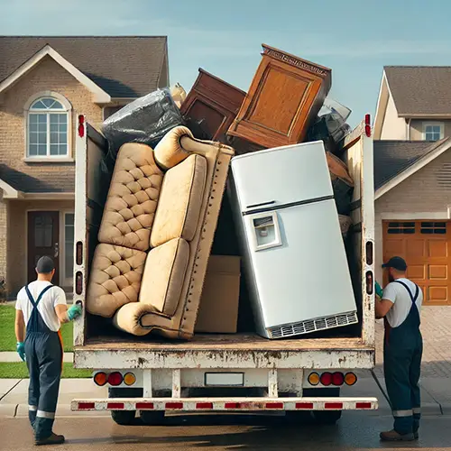 Workers loading an old couch and refrigerator onto a junk removal truck.