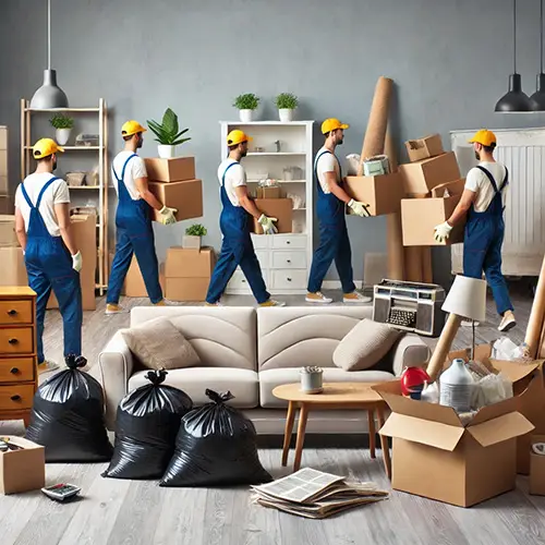 A team clearing out furniture, boxes, and clutter from a home.