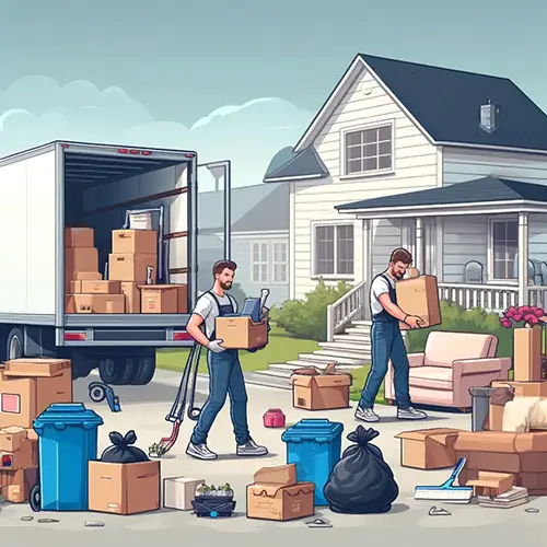 A team clearing out unwanted furniture and boxes during a move.