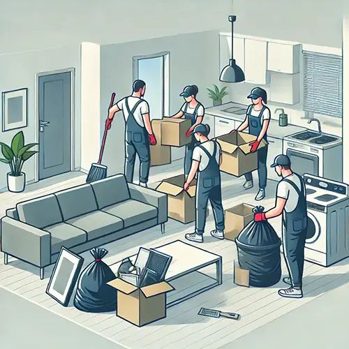 A crew removing furniture and trash from an empty apartment.